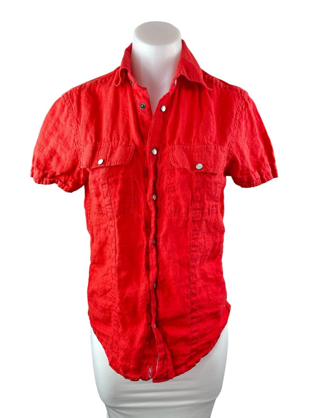 Armani Exchange Red 100% Linen Short Sleeve Pocket Button Down Shirt Top Sz XS